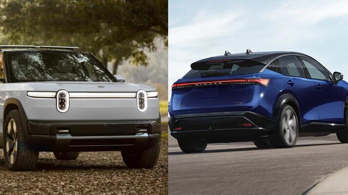 Collage of four new electric cars: Rivian R2 in a forest setting, Nissan Ariya driving on a highway, Audi Q6 e-tron on a mountain road, and Lucid Gravity in a wooded area, showcasing the design and style of these anticipated electric vehicles.